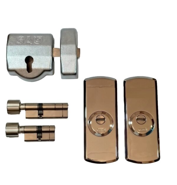 CERROJO SAG EP30+2 BOMBILLOS ABUS BRAVUS MX PRO MAGNET+2 ESCUDOS ABUS DE ALTA SEGURIDAD(NIQUELADOS)